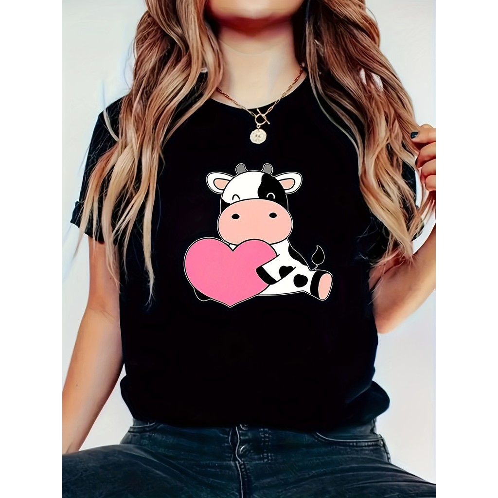 Camiseta Feminina Vaca Cartoon Estampa Colorida Divertida Estilosa Confortável Fofa Moda Primavera Verão