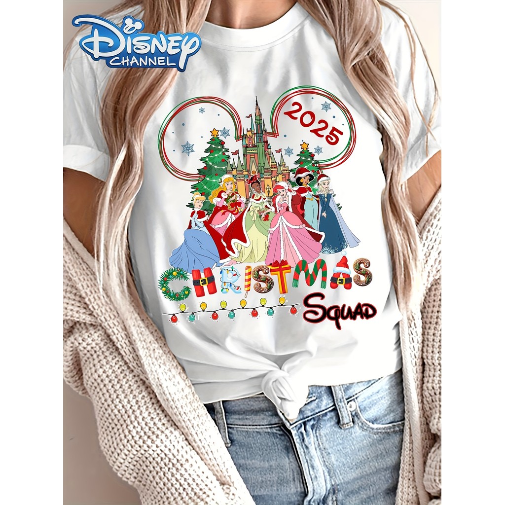 Camiseta Branca Unissex, Design de Princesas Disney Natalinas Castelo e Logo Disney Channel, Estilo Vintage Fã de Disney