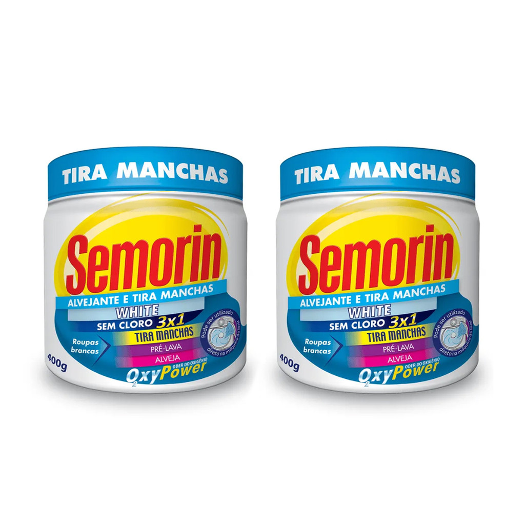 2 Uni Semorin Tira Manchas Pó 400g Percarbonato de Sódio Roupas Brancas Alvejante Oxy Power White