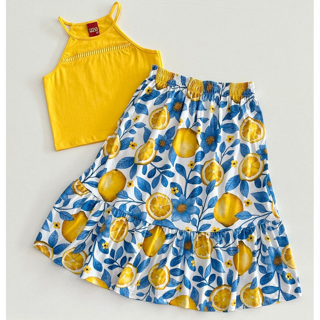 Conjunto Infantil Menina Kyly Blusa Amarela e Saia Floral Estampa Verão Passeio Infantil