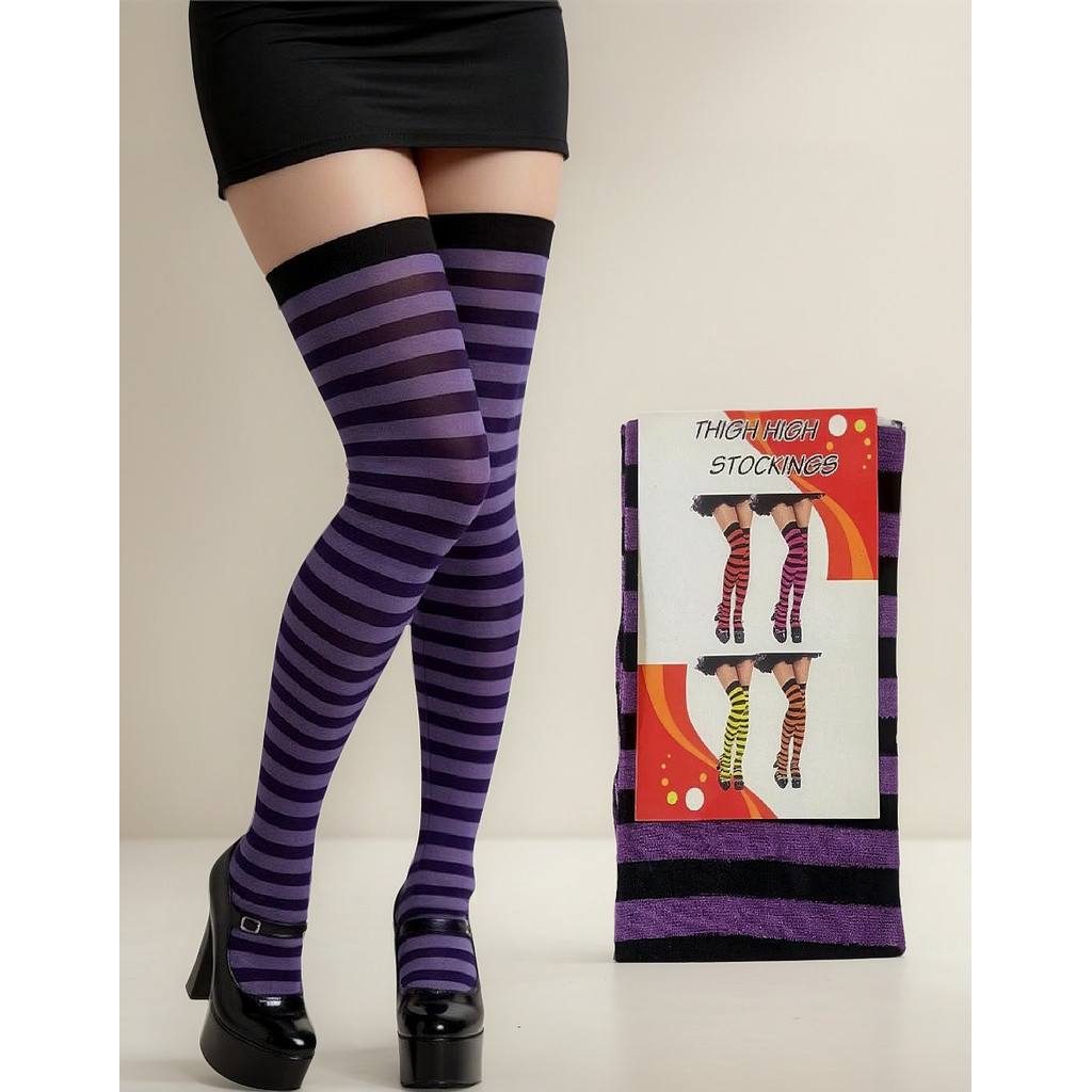 Meião Meia Listrada Preta E Roxa 7/8 Fantasia Festa Cosplay Un Lilás em Oferta na Shopee