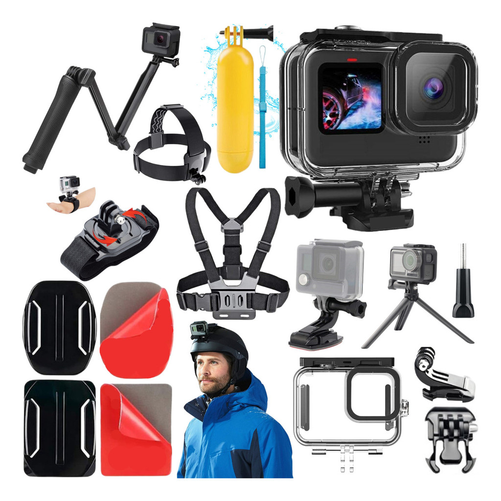 Kit Bastao 3 Way com Base para Cabeça, Peito e Punho Caixa Estanque Bastão Dobrável Mini Tripé Bastão Flutuante