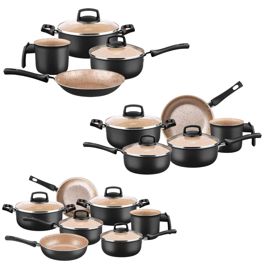 Conjunto de Panelas Safira MTA Antiaderente Preto/Bege em Alumínio com 4, 5 ou 7 Peças