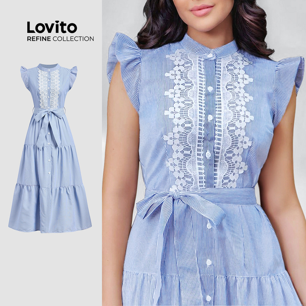 (Lovito Refine) Vestido Elegante em Camadas com Costura de Tecido para Primavera/verão Vestido azul LR23L225 em Oferta na Shopee