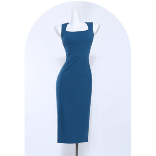 Vestido azul feminino verão francês Retro sem mangas camisola saia envoltório nádegas celebridade elegante magro-ajuste