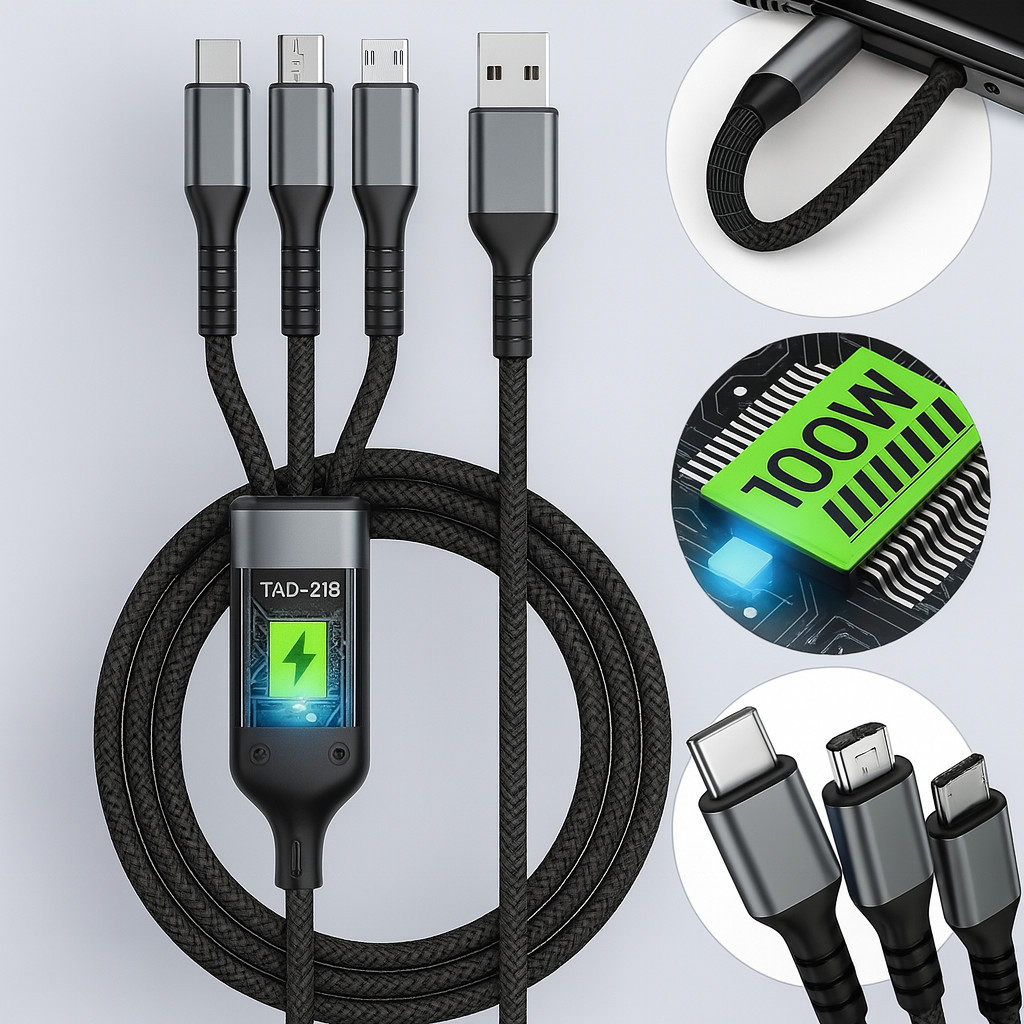3 in 1 Zinc Alloy Charging Cable 100W 6A Super Fast Charger USB-A1