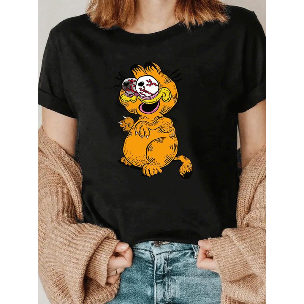 BR Moonlight Camiseta Unissex Garfield Olhos Arregalados Preto Branco Estampada Confortavel Versátil Divertida Casual