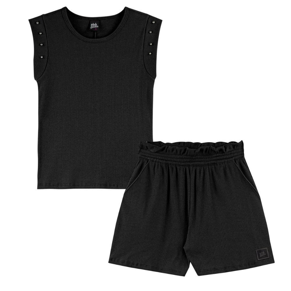 Conjunto Menina Pink Soda Blusa Cotton e Short em Ribana Preto