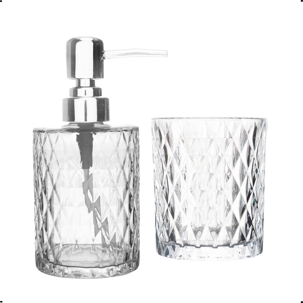 Conjunto 2 Peças para Banheiro Vidro Diamond (Dispenser Saboneteira Liquida + Copo Suporte) Lyor