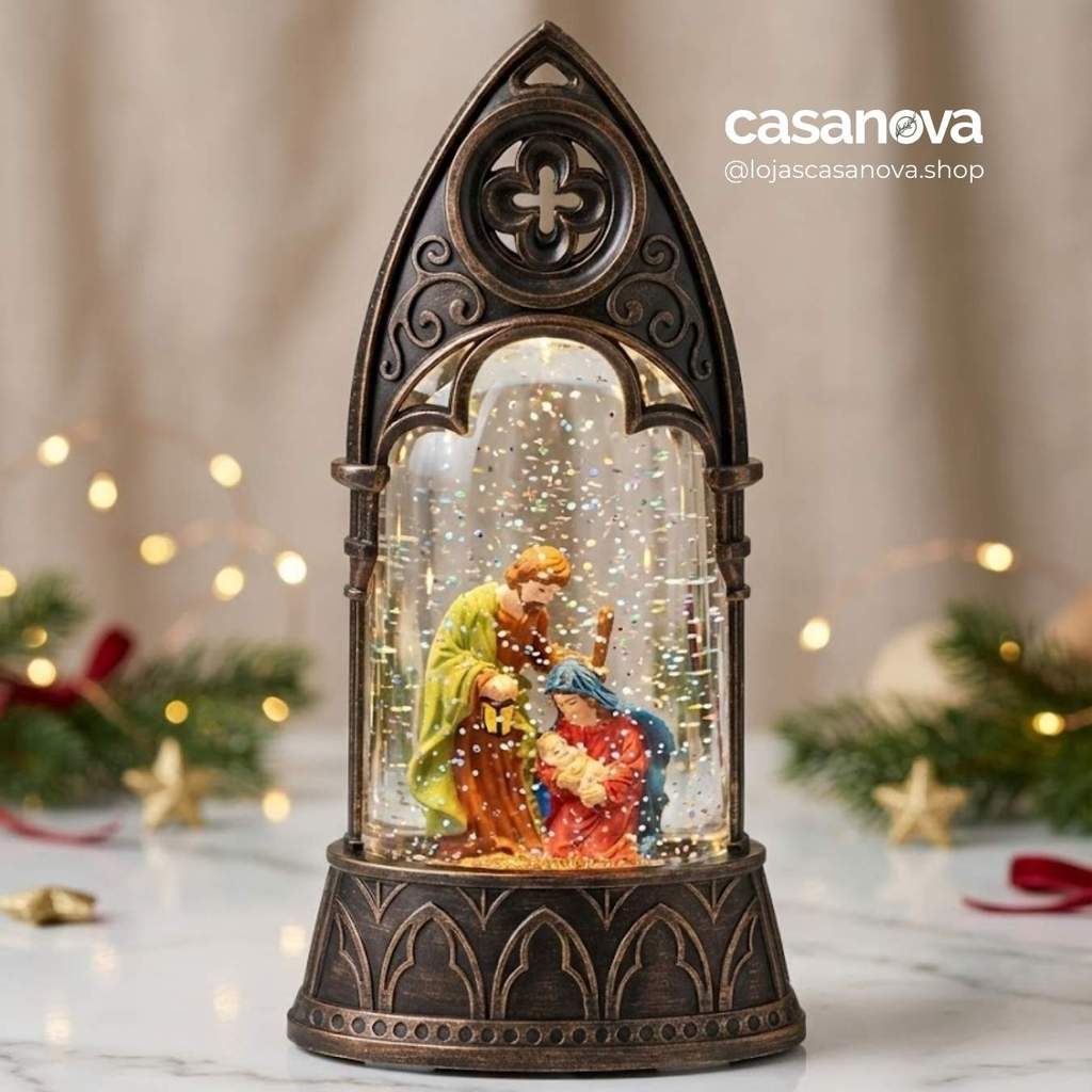 Lanterna Decorativa Presépio com Água e LED Preto/Vermelho – Enfeite Natalino Luz