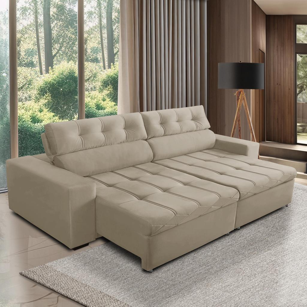 Sofá Retrátil e Reclinável 3 Lugares com Molas 2,30m Dani Suede Bege Adonai Estofados em Oferta na Shopee