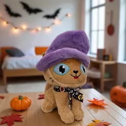 Gato de Pelúcia com Chapéu de Bruxa - Marrom - 25cm - 1 unidade - Rizzo