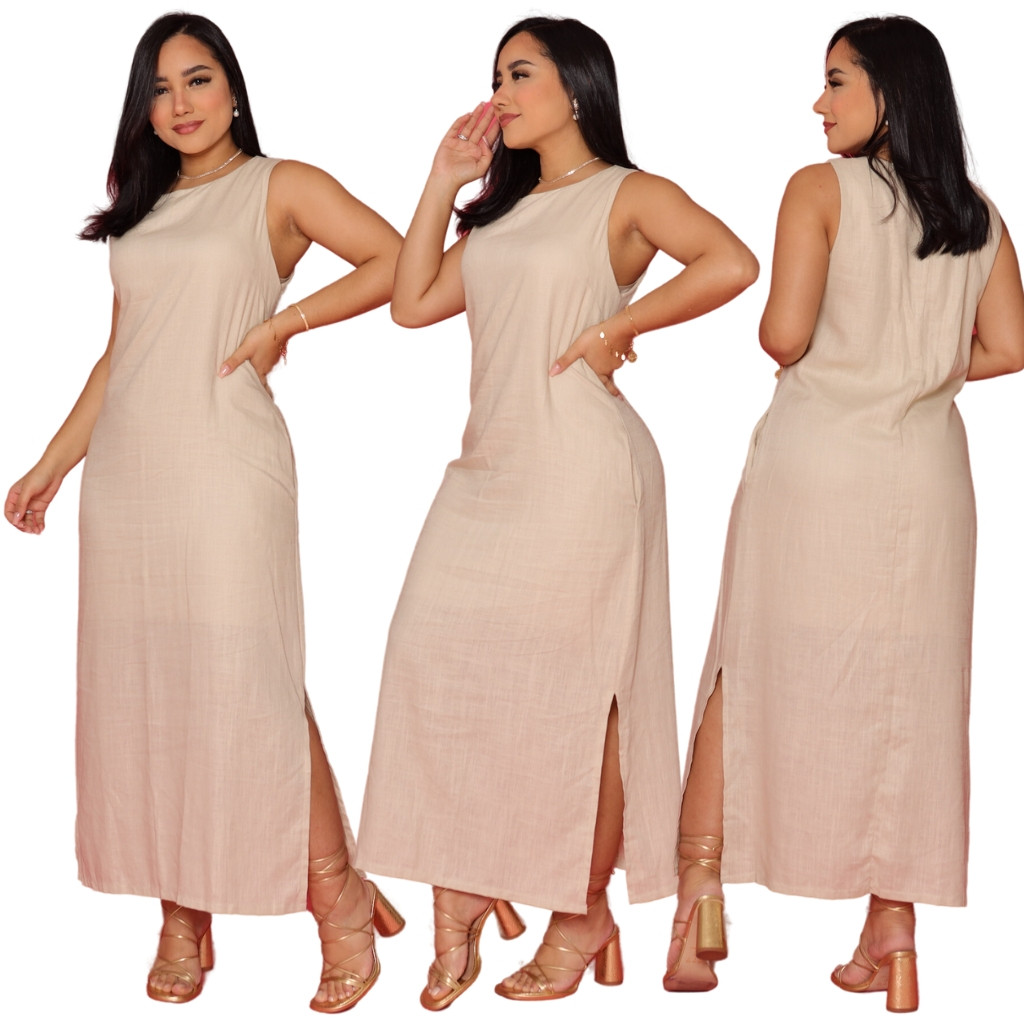 Vestido Feminino Em Linho Elegante Forrado Alça Larga Com Fenda Moda Clássica Verão em Oferta na Shopee