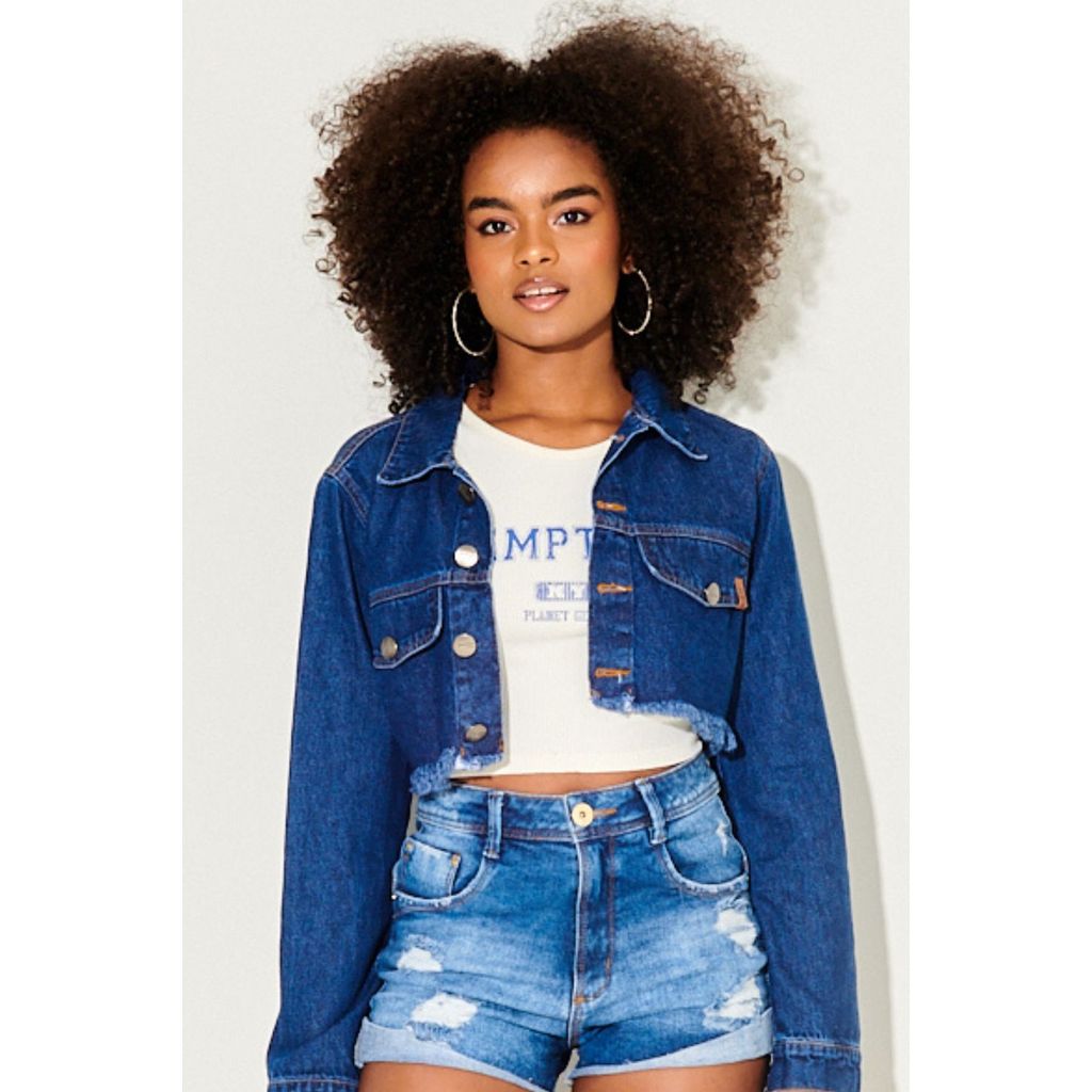 Jaqueta Cropped Feminina Barra Desfiada Planet Girls Jeans Escuro em Oferta na Shopee