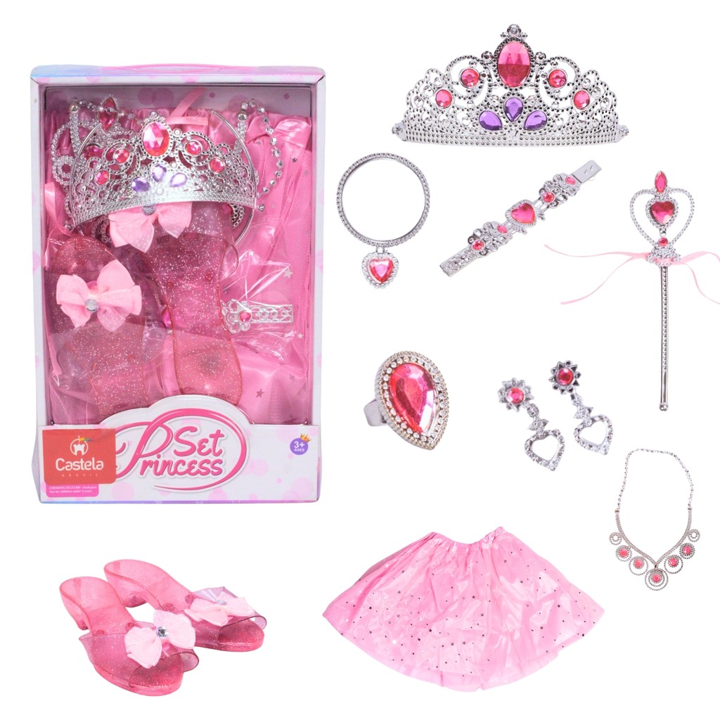 Conjunto de Acessórios de Princesa com Sapatinhos e Saia Rosa - Castela em Oferta na Shopee