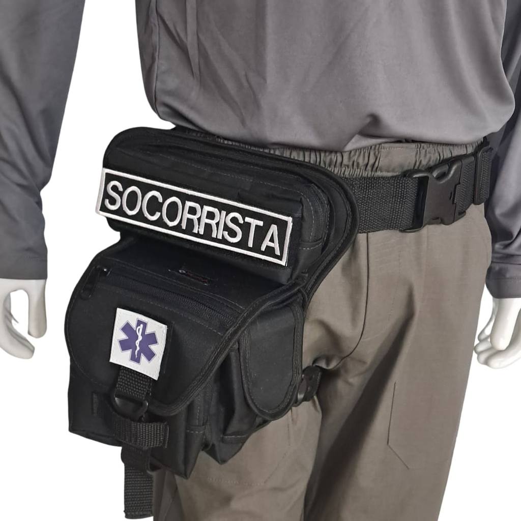 Bornal Pochete de Perna Socorrista Preto 7 bolsos com Cinto Mira