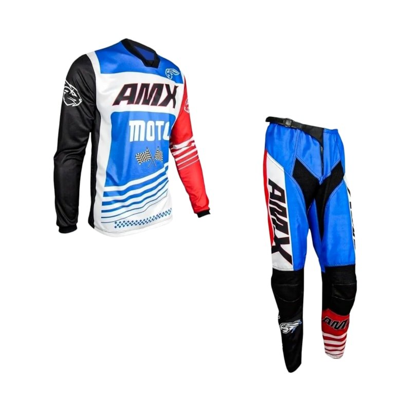 Conjunto Calça e Camisa Amx Infantil Prime Moto Branco Azul Trilha Motocross Off Road