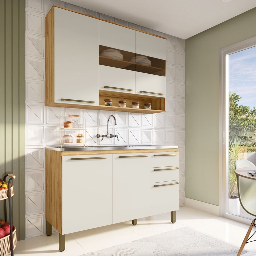 Cozinha Compacta 100% Mdf 2 Peças 6 Portas 2 Gavetas sem Tampo com Vidro Itália Espresso Móveis Amêndoa/Off White em Oferta na Shopee