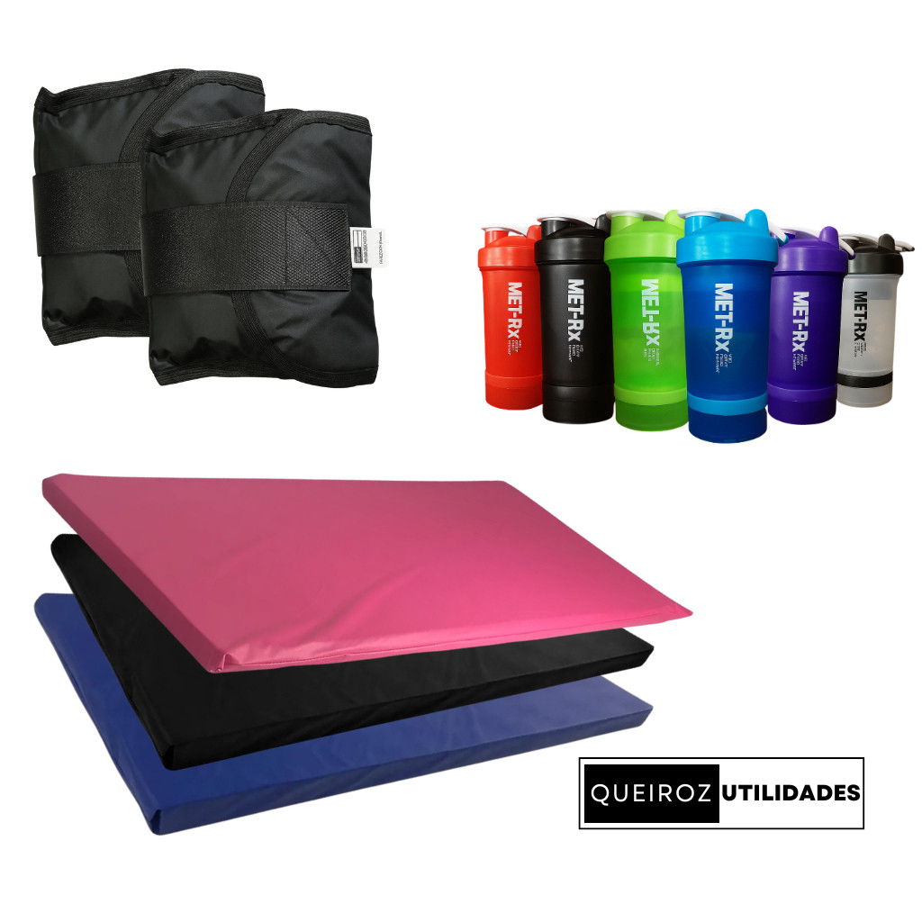 Kit Academia em Casa – Garrafa + Um Colchonete + Par de Caneleira 1KG | Treine Onde e Quando Quiser! - Promoção!