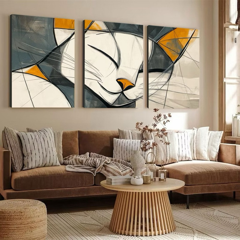 Kit 3 Quadros Gato Sonhador Arte Abstrata Mosaico Sala Quarto Escritório em Oferta na Shopee