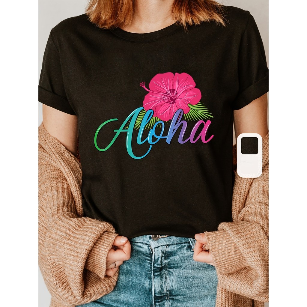 Linda Camiseta Feminina Aloha Hawaii Tropical Floral Hibiscus Estampa Vibrante Confortável Estilosa Linda Moda Verão Pra