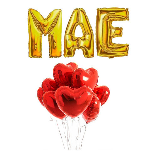 Kit 10 Balão Metalizado Coração + Letras Mãe Dia Das Mães Cor Vermelho Coração Mãe