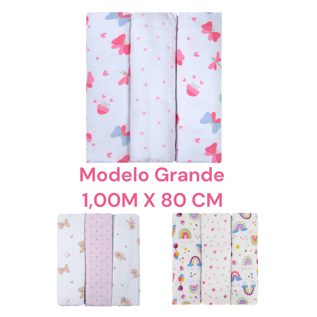 Kit 3 Cueiros Grande 1,00 M X 0,80M Bebê Estampado 100% Algodão Bublim Feminino