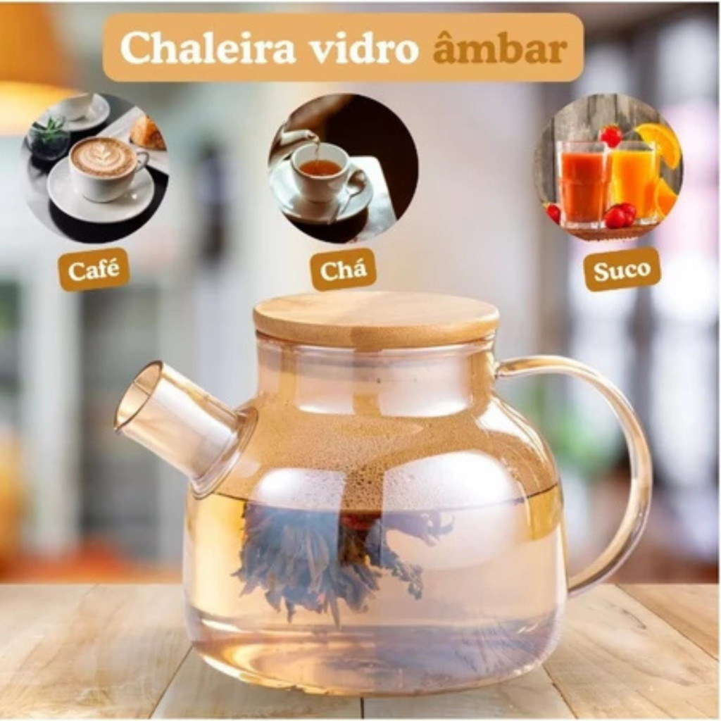Chaleira de Vidro Âmbar com Infusor Bule Chá Resistente ao calor Para Café