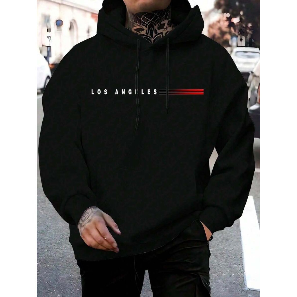 Moletom Masculino Los Angeles Listra vermelha Casaco Flanelado com Capuz Algodão   Premium