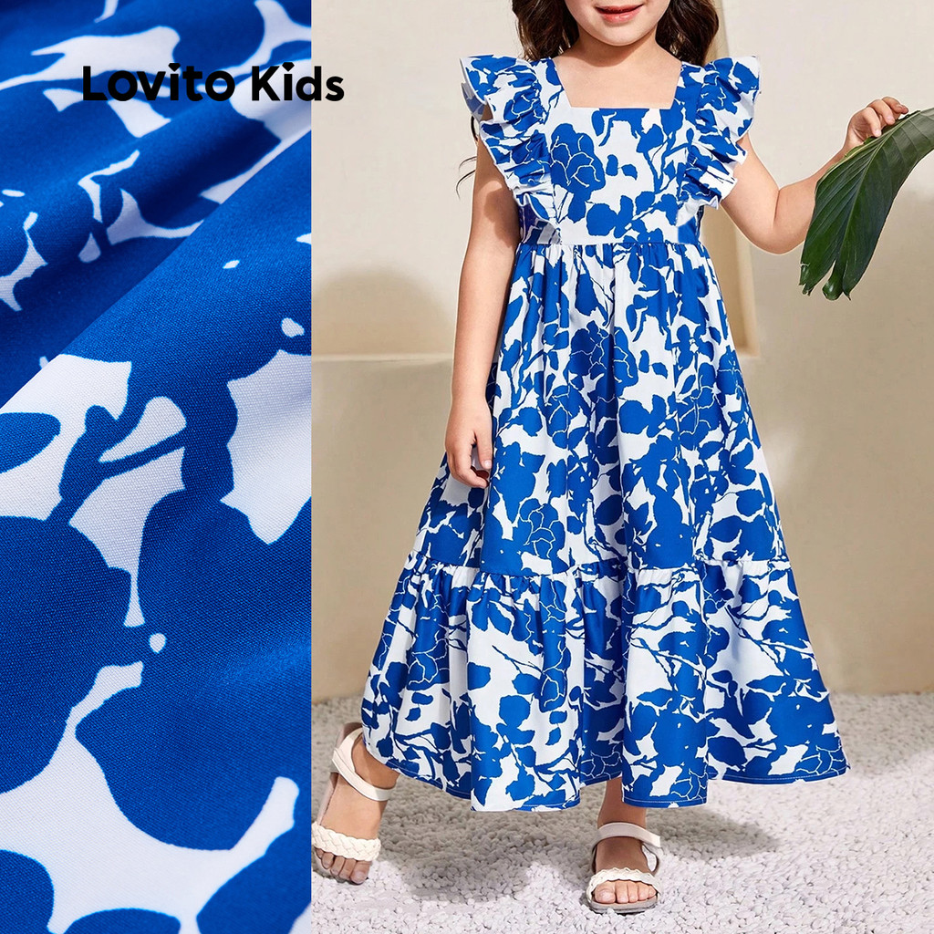 Lovito Kids Vestido Fofo com Recorte e Babado Primavera/verão Vestido Azul Escuro para Menina L148ED076