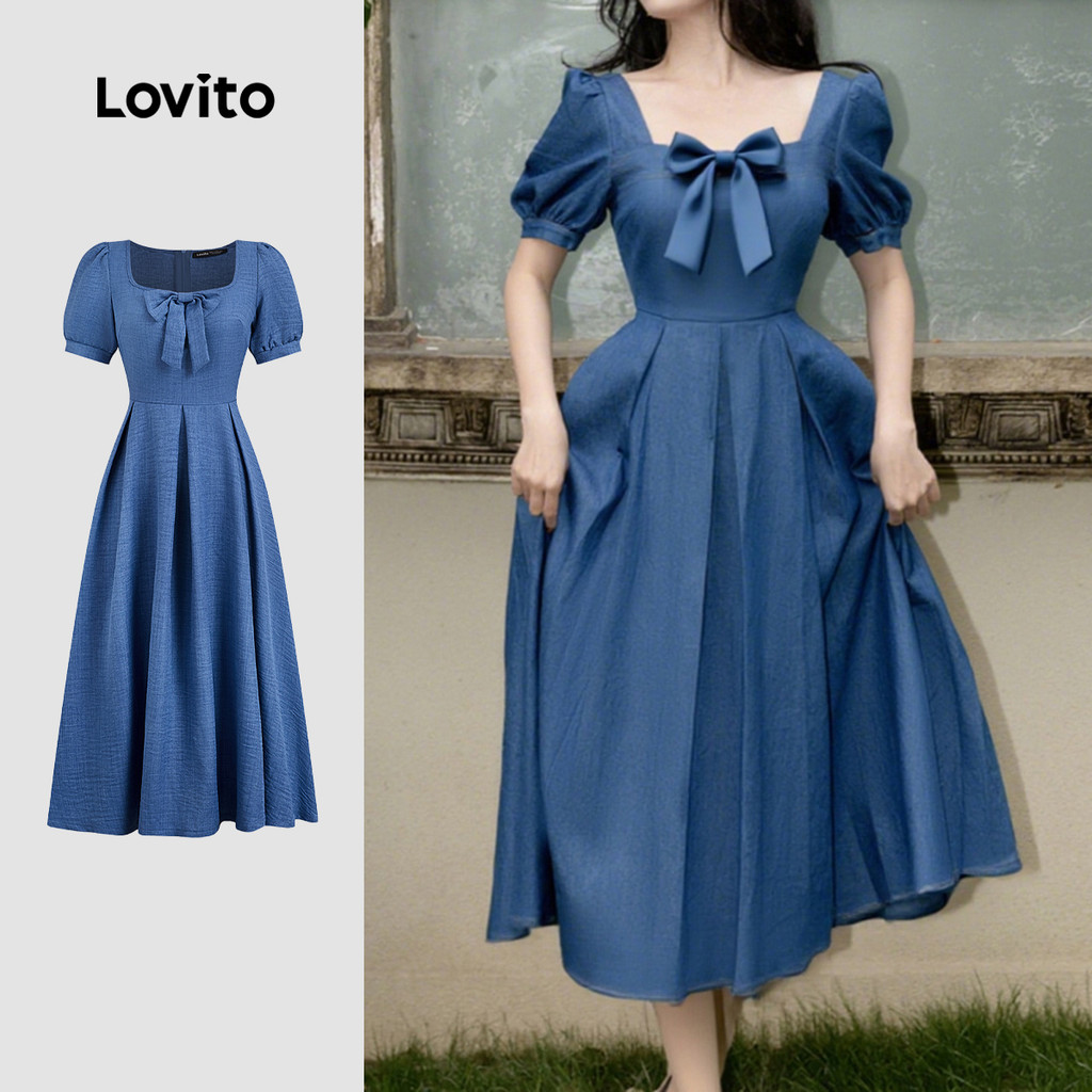 Lovito Vestido Elegante Azul Com Pregas E Laço Para Primavera/verão L149ED176 em Oferta na Shopee