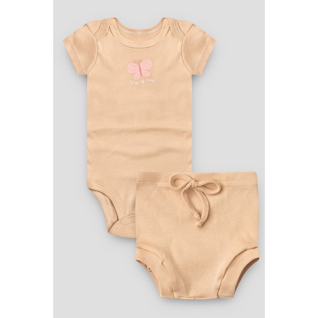 Conjunto Curto Body e Tapa Fralda Bebê Menina Nude Estampa Borboleta 100% Algodão Ribana em Oferta na Shopee