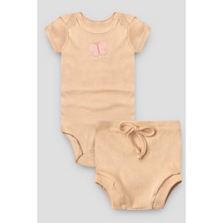 Conjunto Curto Body e Tapa Fralda Bebê Menina Nude Estampa Borboleta 100% Algodão Ribana em Oferta na Shopee
