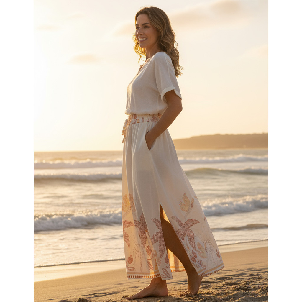 Saia Evasê Longa Estampada Viscolinho Com Fendas Laterais