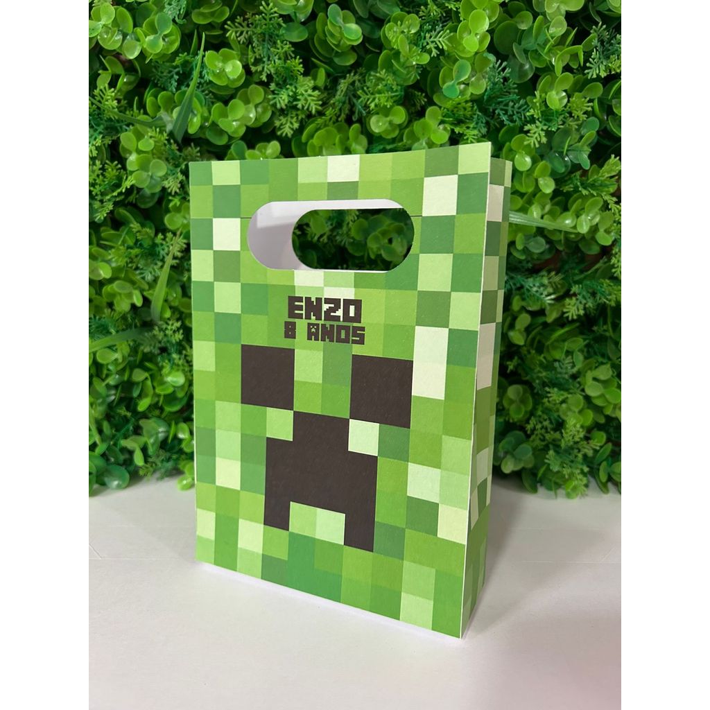Kit Sacola Papelaria Personalizada Minecraft Sacolinha de Lembrancinha Caixinha para Festa