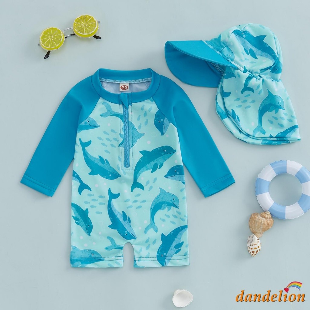 Maiôs De Manga Comprida Para Bebês De 0 A 5 Anos Com Chapéu De Sol – Estampa De Golfinho , Meio Zíper , Sem Bolinhas , P