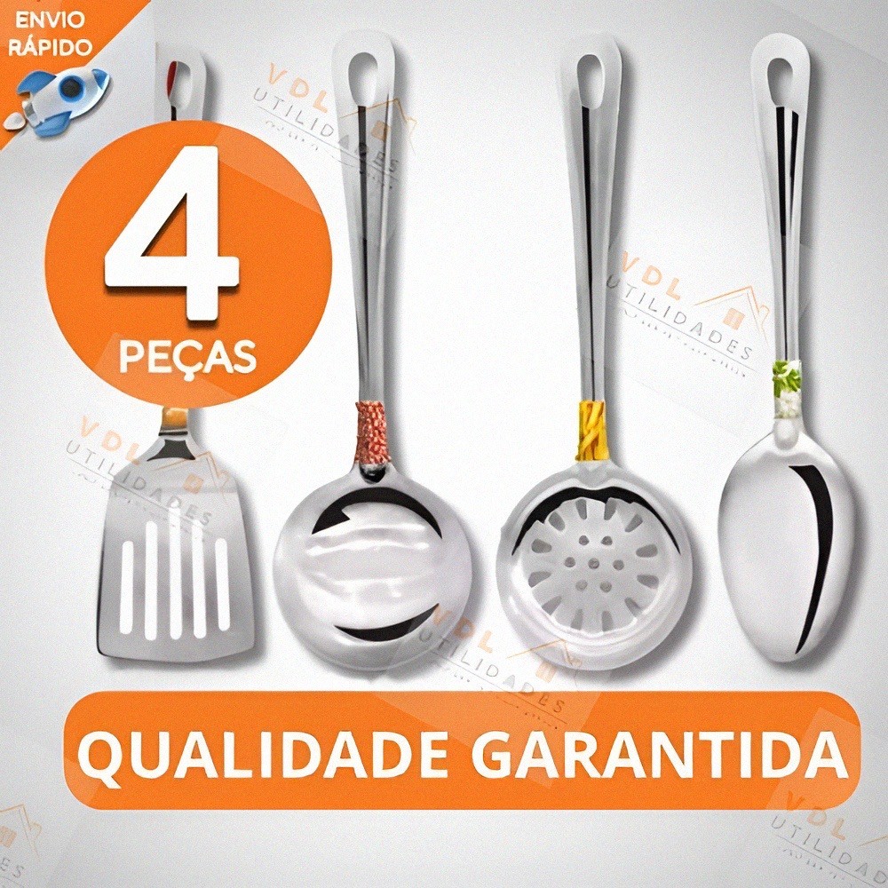 Utensilios para Cozinha INOX 4pçs Espatula Escumadeira Colher de Arroz Concha Louça Comida Casa