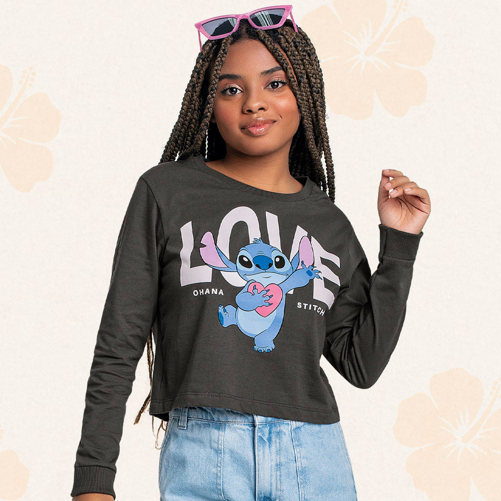 Blusa infantil manga longa em meia malha Lilo & Stitch love Fakini