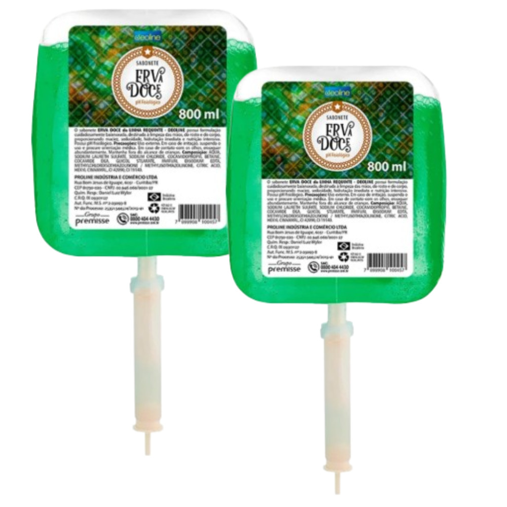 2 Refil Sabonete Sachê Para Dispenser Erva-Doce 800ml Espuma Limpeza Lavar Mãos Banheiro Hospital