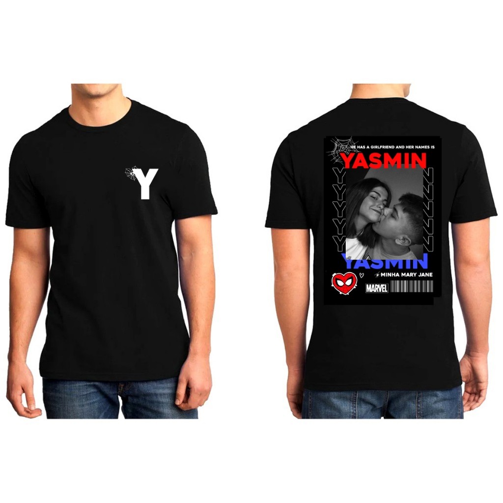 Camiseta Casal SPIDERMAN HOMEM-ARANHA MARY JANE com nome e inicial  namorada frente e verso preta blusa, namorada, casal