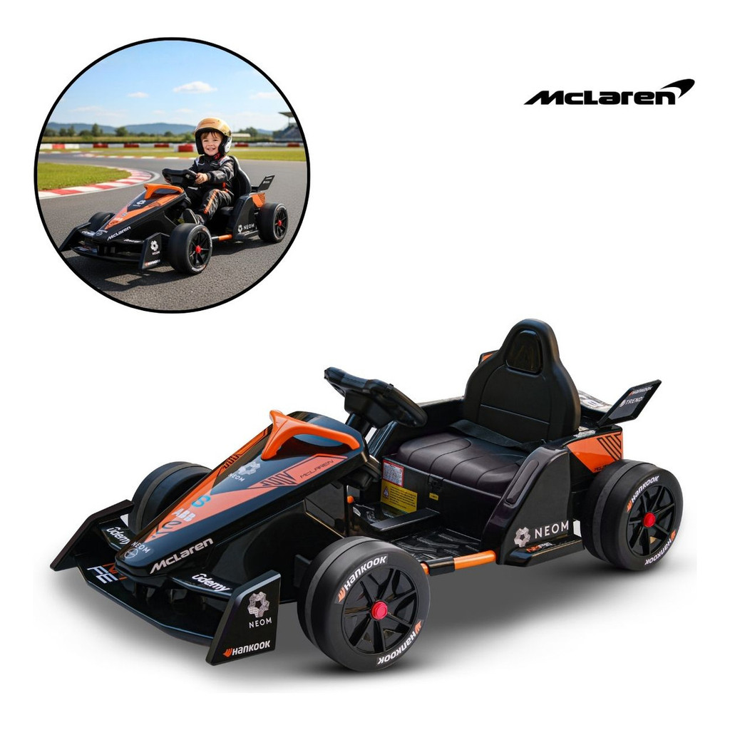 Mini Kart Elétrico Infantil 12V Formula-E Maclaren Preto Com Controle Remoto Luz Som USB e 2 Velocidades Bivolt