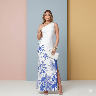 Vestido Longo Feminino Floral com Alça Regulável Moda Praia 2025 Festa