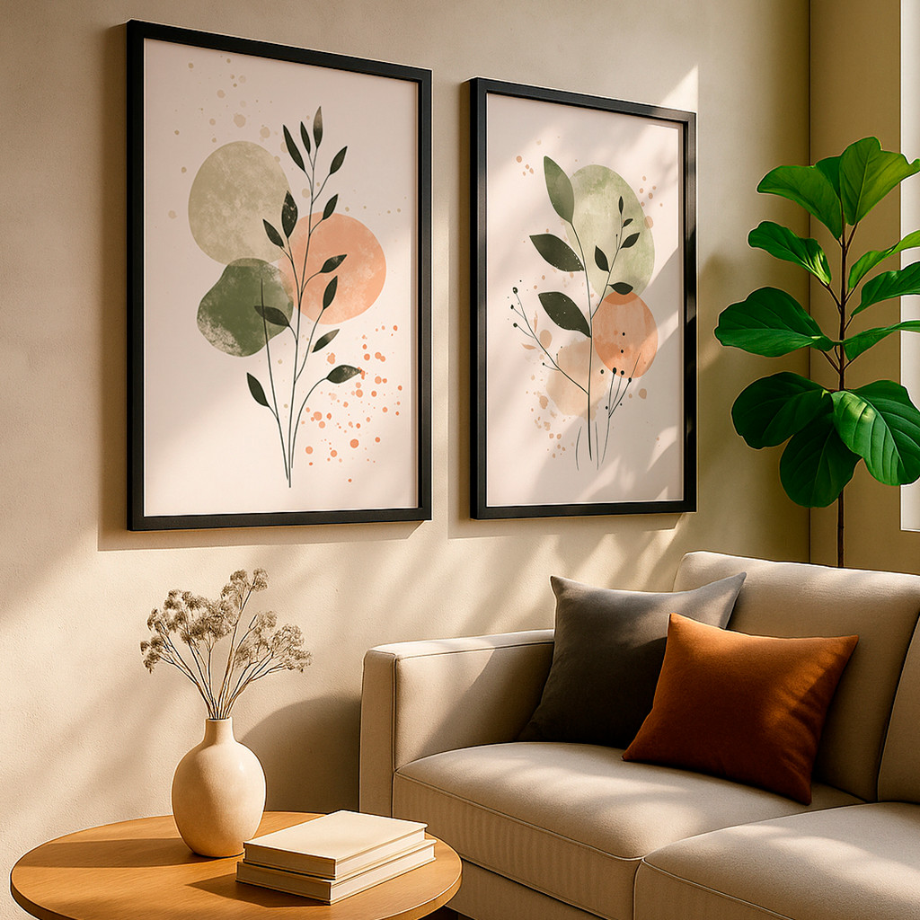 Kit 2 Quadros Com Moldura Decorativo Ramo Verde Folhas Abstratas Coloridas Delicado Neutro em Oferta na Shopee