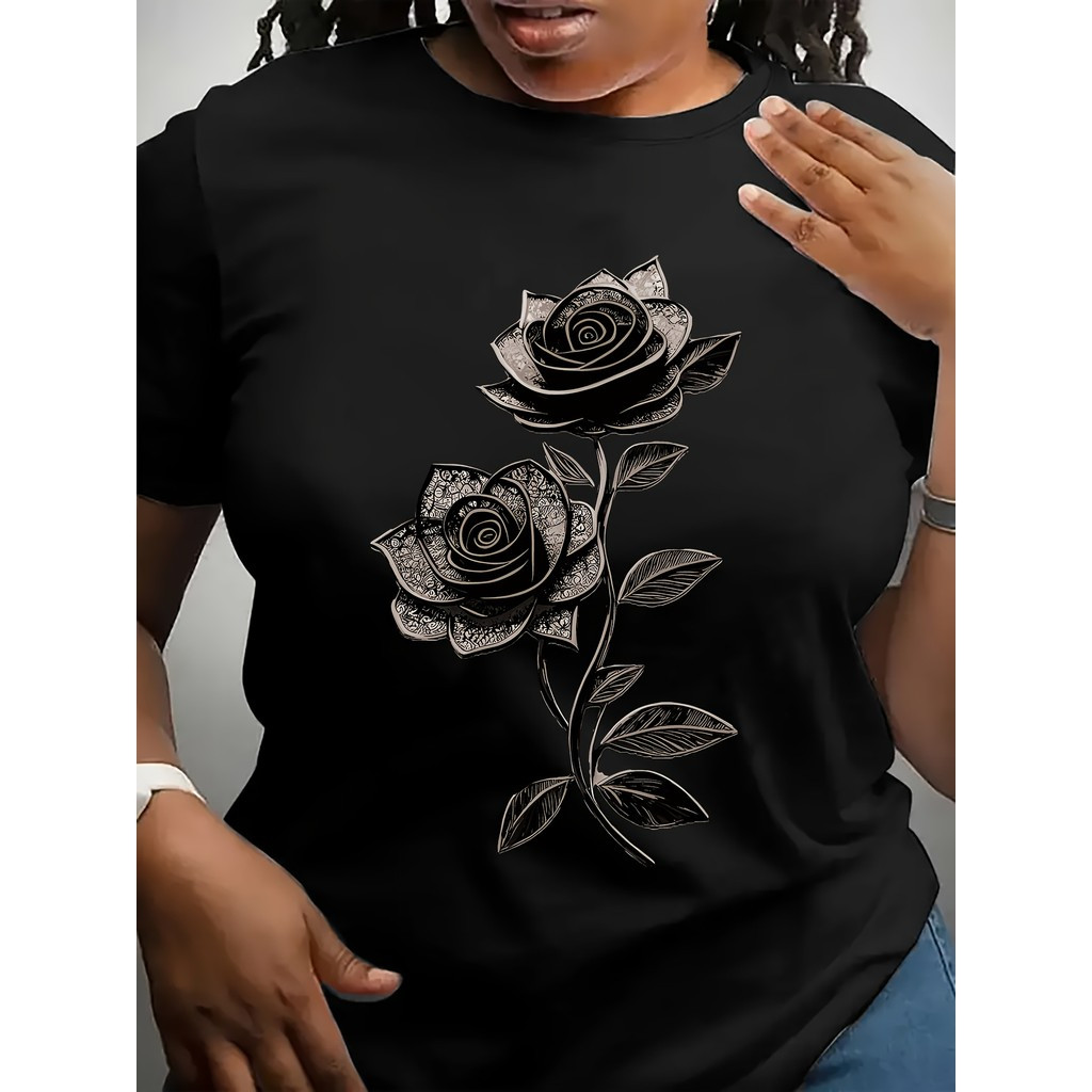 [Camiseta Premium em Algodão Puro]SISI Camiseta Feminina Plus Size Rosa Delicada Estampada Unissex Shirt Oversized