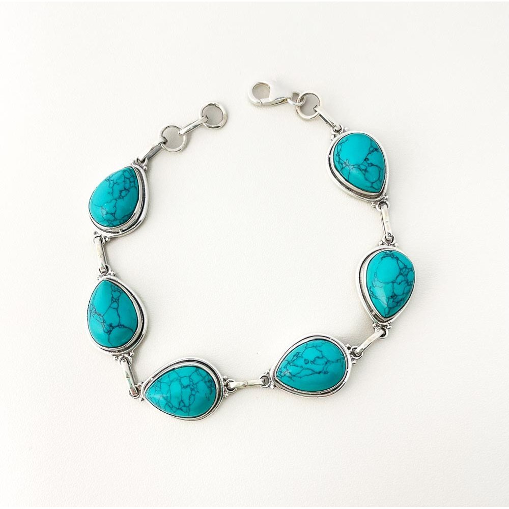 Pulseira Feminina Turquesa Natural Gota Prata 925 Turquesa