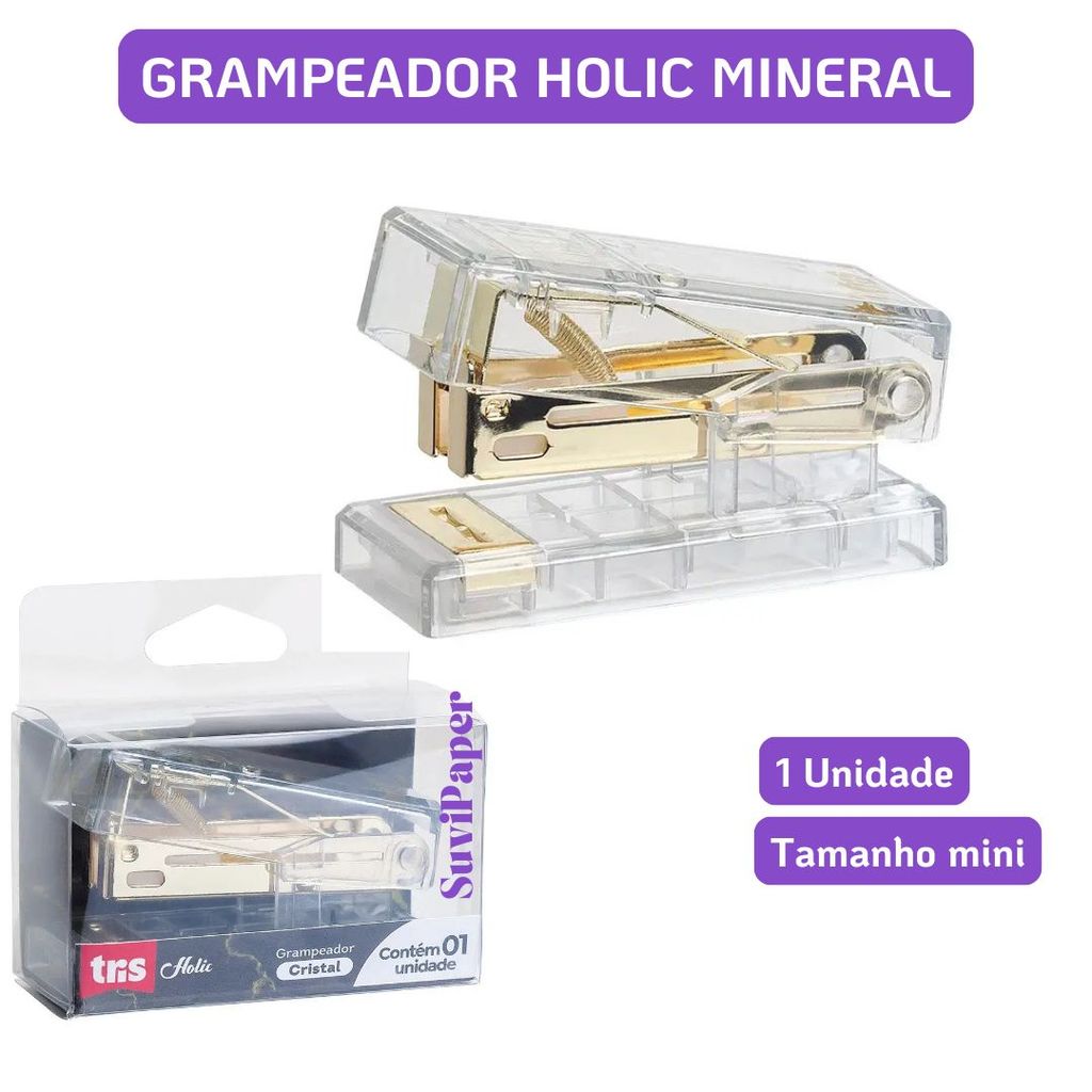 Grampeador Mini Cristal Tris Holic Mineral 26/6 Até 20 Folhas Elegância Transparente