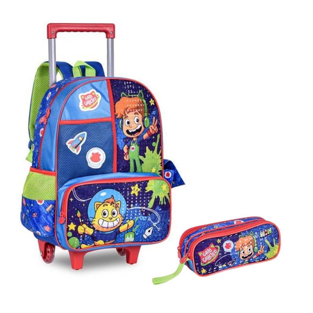 MOCHILA E ESTOJO INFANTIL ESCOLAR REFORÇADA COM RODINHA - GATO GALACTICO