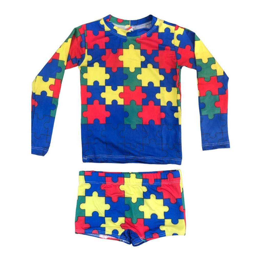Conjunto Infantil Praia Menino Autista Camiseta e Sunga Proteção Solar Uv50+