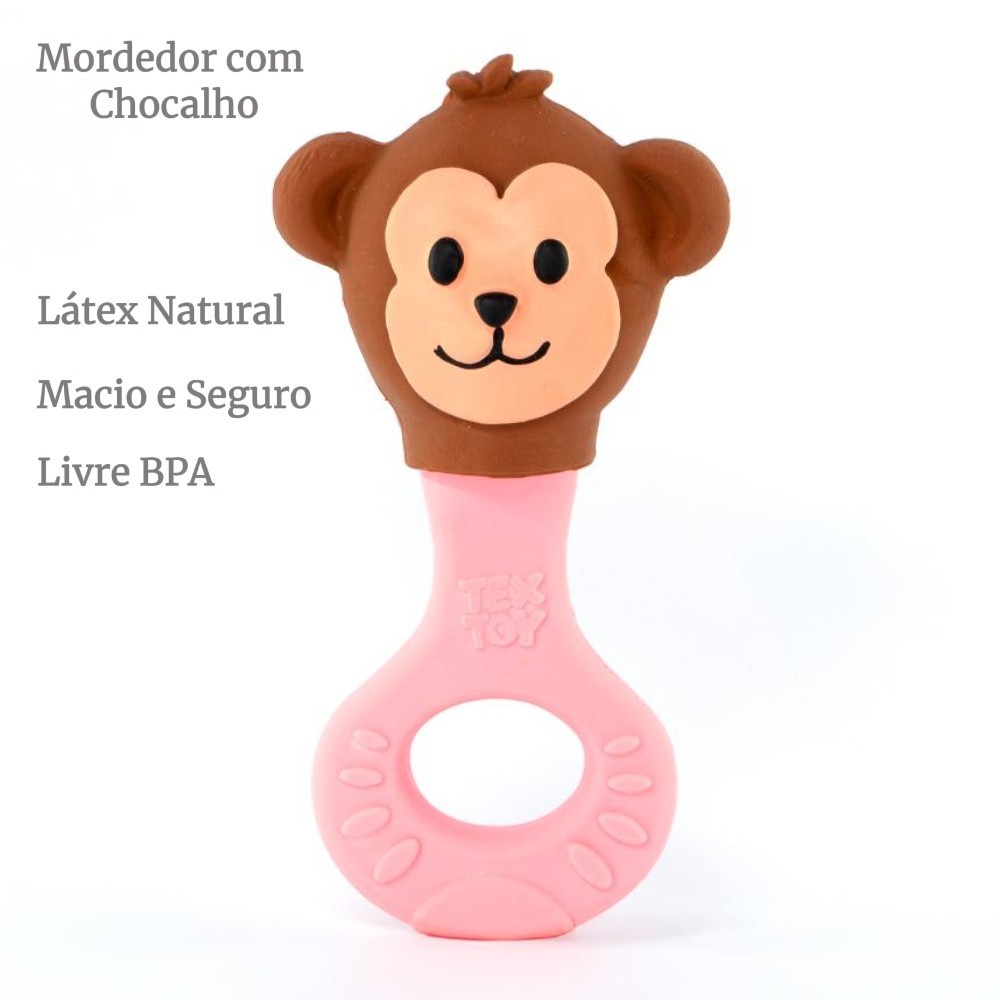 Chocalho Mordedor Bebê Látex Macaco Marrom E Rosa em Oferta na Shopee