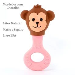 Chocalho Mordedor Bebê Látex Macaco Marrom E Rosa